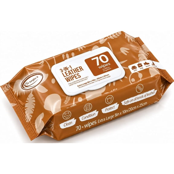 Air Jungles 3in1 Leather Cleaner Wipes 70 Count, Extra Large 8" x 10" Size, Clean Condition Protect Wipes for Vinyl and Leather Furniture Auto Car Interior Shoes Boots Bags Purse Apparel