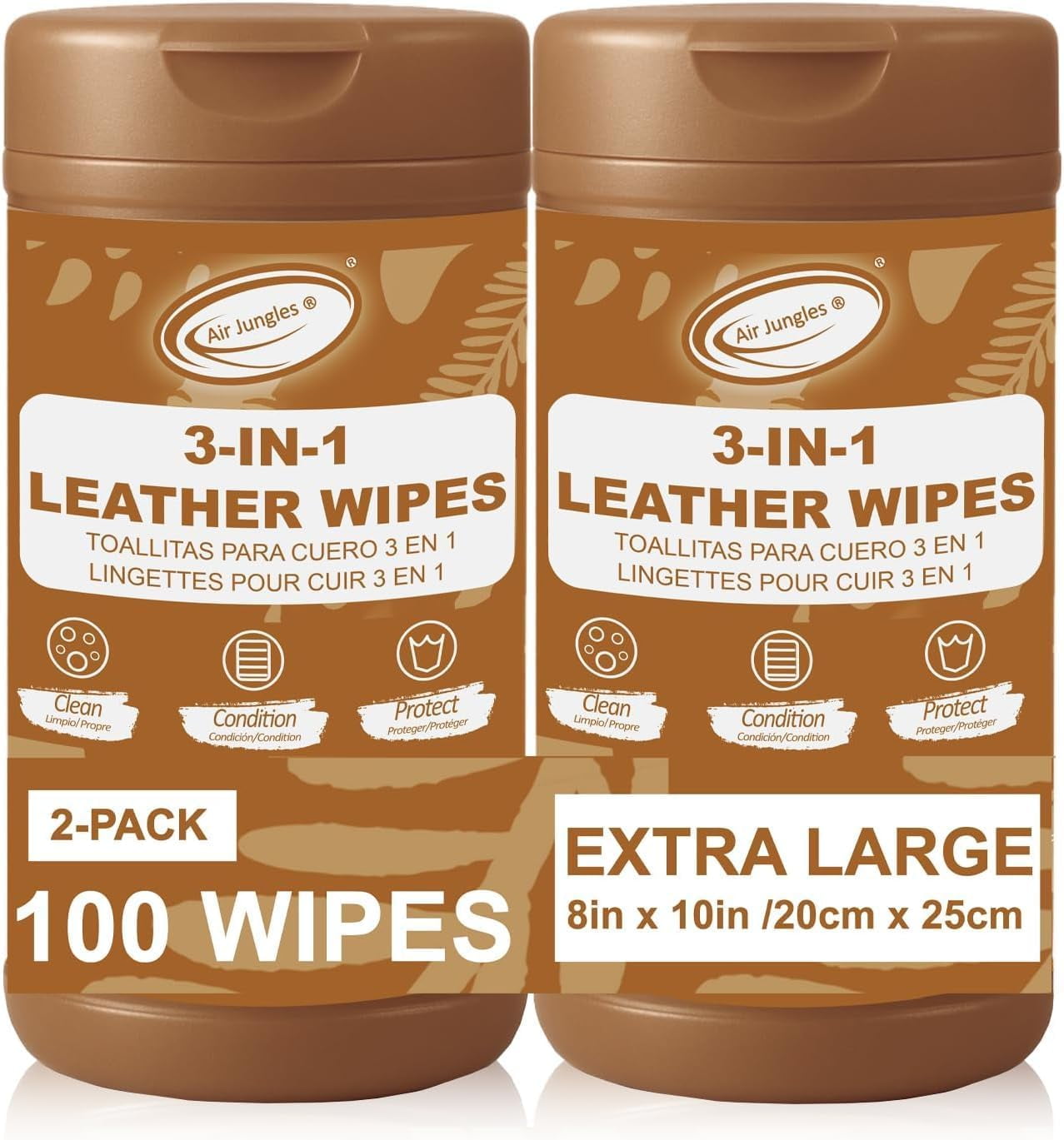 Air Jungles 3in1 Leather Wipes 50 Count (Pack of 2), Extra Large 8 x 10 inch, Clean Condition Protection for Car Interior, Furniture, Couch, Boots, Bags, Formulated with Wax and Silicon