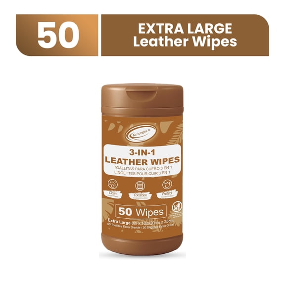 Air Jungles 3in1 Leather Wipes 50 Count, Extra Large 8" x 10" Size, Clean Condition Protect Wipes for Leather Furniture Auto Car Interior Shoes Boots Bags Apparel and Vinyl