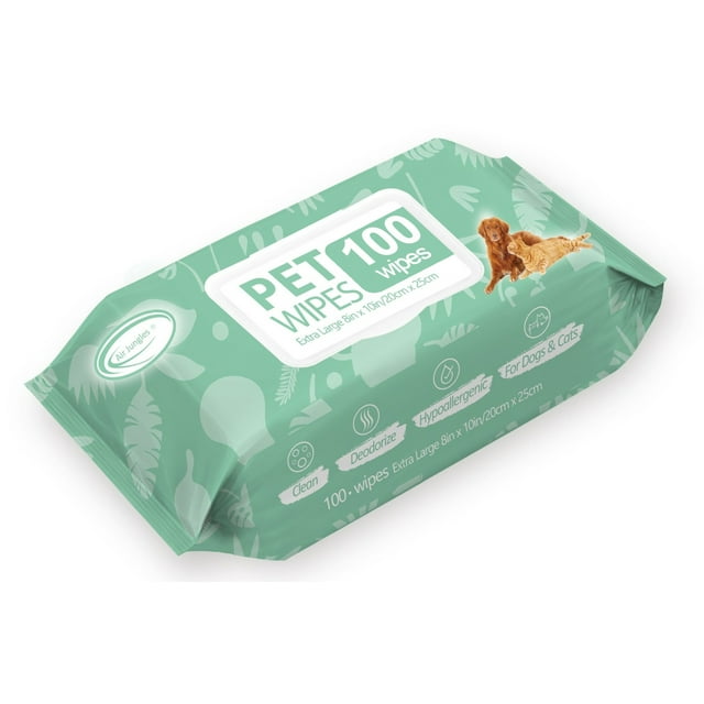 Air Jungles 3in1 Pet Wipes for Dogs and Cats 100 Count, 8" x 10" Extra Large Hypoallergenic Cleaning, Grooming, Deodorizing Wipes for Pets Paws Body Face Ear Butt