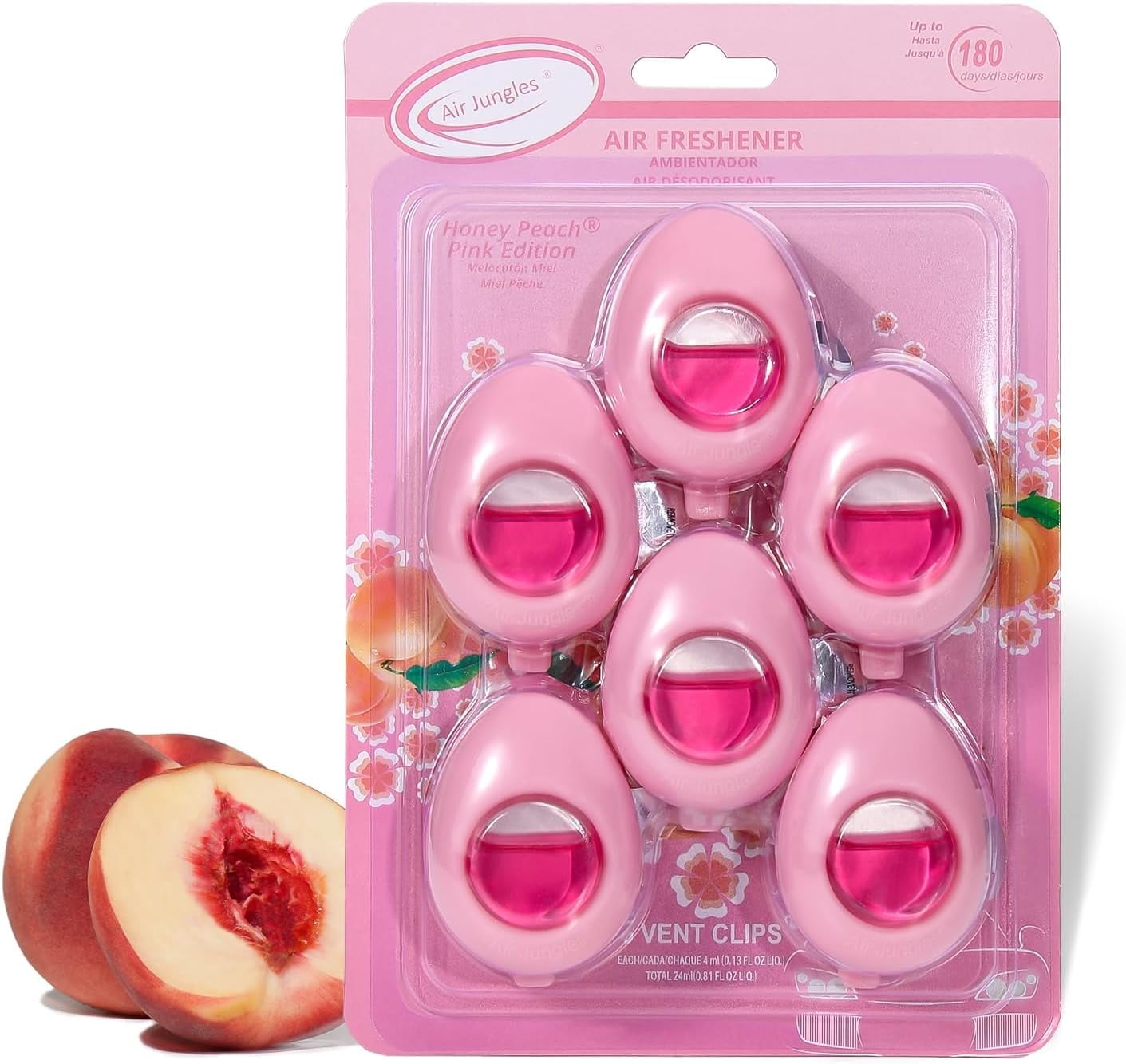 Air Jungles Car Air Freshener for Women, Honey Peach Scent, Pink Car Accessories, 6 Vent Clips (4ml Each), Cute Long-Lasting Car Freshener & Odor Eliminator, Up to 180 Days