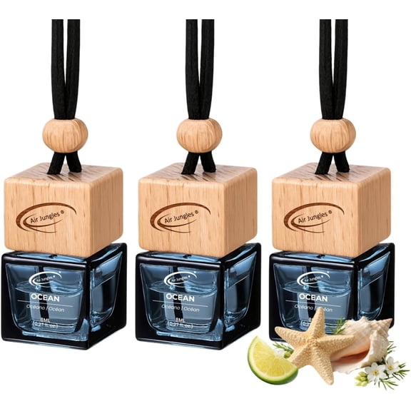 Air Jungles Car Air Freshener Hanging Diffuser 3 Ct, Ocean Scent, 8 ml Each, Natural Essential Oil, Everyday Freshness Fragrance, Auto Accessories for Men and Women, For Rearview Mirror