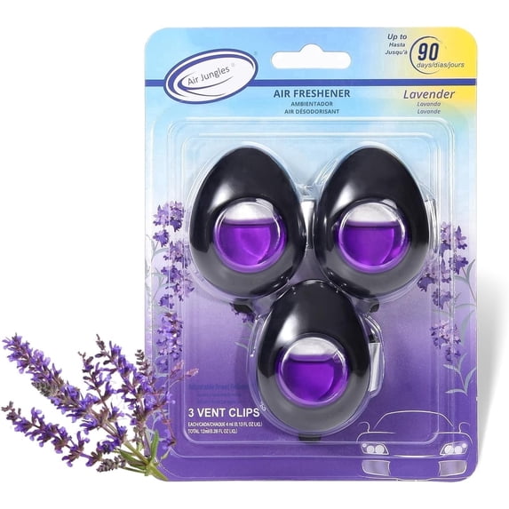 Air Jungles Car Air Freshener Vent Clip 3 Count, Lavender Scent, 4 ml Each, Long-Lasting Car Odor Eliminator, Easy Clip-On Design, Up to 90 Days Freshness for Cars, Trucks, and SUVs