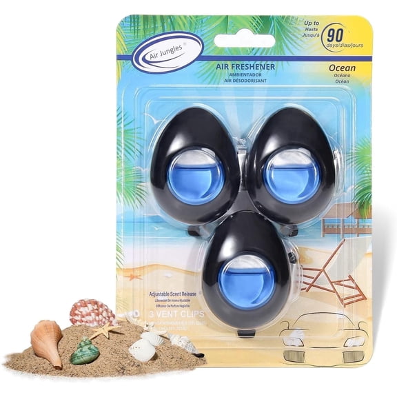Air Jungles Car Air Freshener Vent Clip 3 Count, Ocean Scent, 4 ml Each, Long-Lasting Car Odor Eliminator, Easy Clip-On Design, Up to 90 Days Freshness for Cars, Trucks, and SUVs