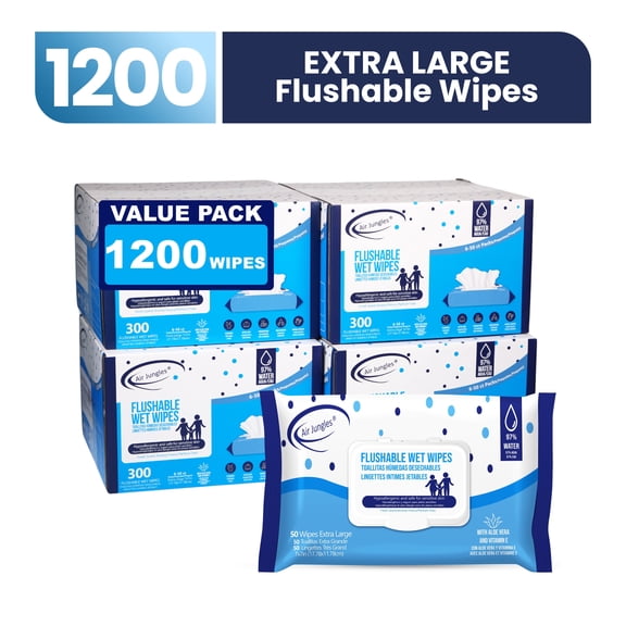 Air Jungles Flushable Wipes 1200 Count for Adult and Child, XL 7 x 7 in with Aloe Vera & Vitamin E for Sensetive Skin, Body Wet Wipes -Septic and Sewer Safe- Fresh Scent