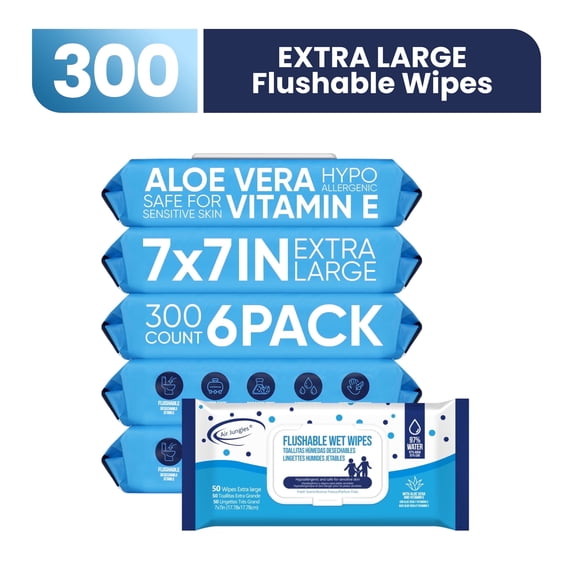 Air Jungles Flushable Wipes 300 Ct for Adult and Kid, XL 7 x 7 in with Aloe Vera & Vitamin E for Sensetive Skin, Body Wet Wipes -Septic and Sewer Safe- Fresh Scent, 6 Pack