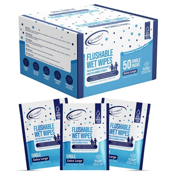 Air Jungles Flushable Wipes Individually Wrapped 50 Count, Travel Size Wet Cleansing Wipes for Adult with Aloe Vera & Vitamin E, Fresh Scent, Alcohol Free - XL 7 × 7 in