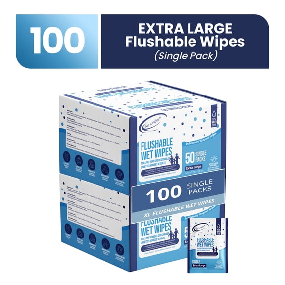 Air Jungles Flushable Wipes Individually Wrapped 50 count (pack of 2), with Aloe Vera & Vitamin E, Travel Size Wet Cleansing Wipes for Adult, Fresh Scent, Alcohol Free - XL 7 × 7 in