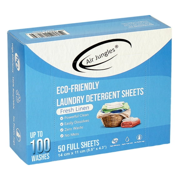 Air Jungles Laundry Detergent Sheets 50 Sheets, Fresh Linen Scent, Up to 100 Washes, Eco-Friendly, Easy to Use, Zero Waste Solution, Lightweight, Powerful Cleaning - Ideal for Home and Travel
