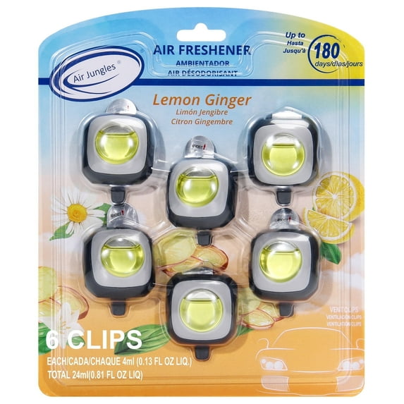 Air Jungles Car Air Freshener Clip, Lemon Ginger, 6 Pack 4ml Each Vent Clips, Long Lasting Air Freshener, Up to 180 Days Car Refresher Odor Eliminator