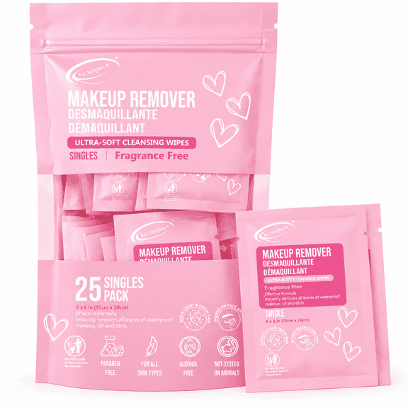 Air Jungles Makeup Remover Wipes Singles 25 Count (Pack of 1), Individual Packed Fragrance-Free, Ultra-Soft Cleansing Wipes, Alcohol Free