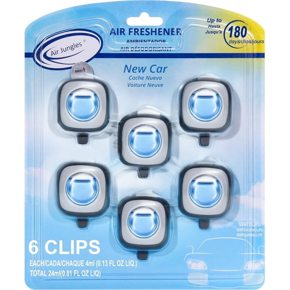 Air Jungles Car Air Freshener Clip New Car Scent 6 Ct, 4ml each Vent Clips, Long Lasting Air Freshener, Up to 180 Days Car Refresher Odor Eliminator
