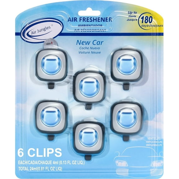 Air Jungles Car Air Freshener Clip, New Car, 6 Pack 4ml Each Vent Clips, Long Lasting Air Freshener, Up to 180 Days Car Refresher Odor Eliminator