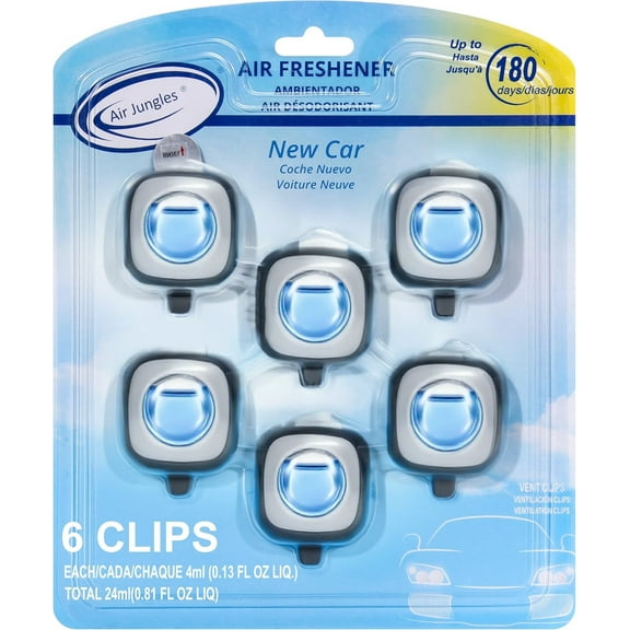 Air Jungles Car Air Freshener Clip, New Car, 6 Pack 4ml Each Vent Clips, Long Lasting Air Freshener, Up to 180 Days Car Refresher Odor Eliminator