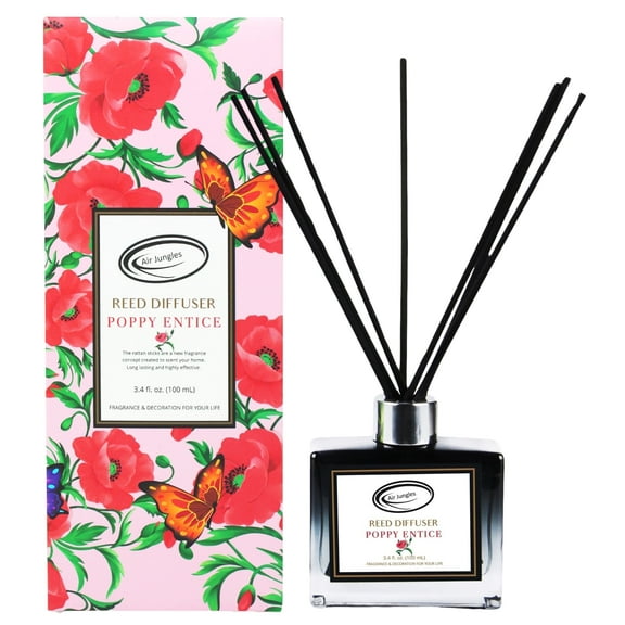 Air Jungles Poppy Entice Fragrances Reed Diffuser Set with Sticks, Poppy Entice Scent, 3.4 fl. Oz, Essential Oil Air Freshener for Home, Office, Gym, and Room Diffuser