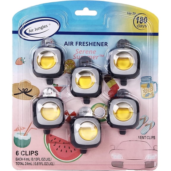 Air Jungles Car Air Freshener Clip, Serene Summer, 6 Pack 4ml Each Vent Clips, Long Lasting Air Freshener, Up to 180 Days Car Refresher Odor Eliminator