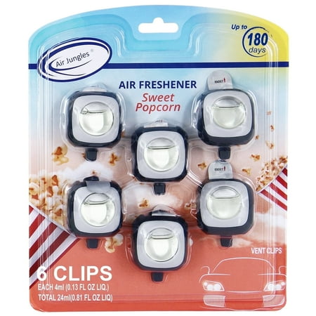 Air Jungles Sweet Popcorn Scent Car Air Freshener Clip, 6 Pack Car Vent Clips, 4ml Each, Long Lasting Air Freshener for Car, Up to 180 Days Car Refresher