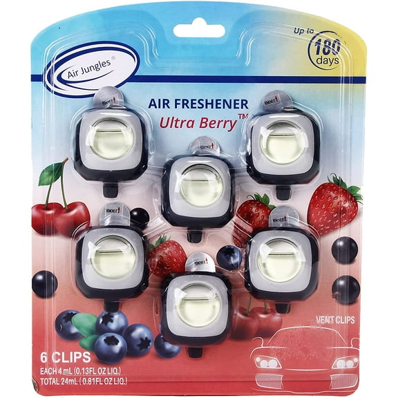 Air Jungles Car Air Freshener Clip, Ultra Berry, 6 Pack 4ml Each Vent Clips, Long Lasting Air Freshener, Up to 180 Days Car Refresher Odor Eliminator
