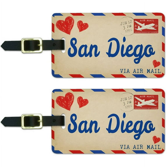 Air Mail Postcard Love for San Diego Luggage Suitcase Carry-On ID Tags, Set of 2