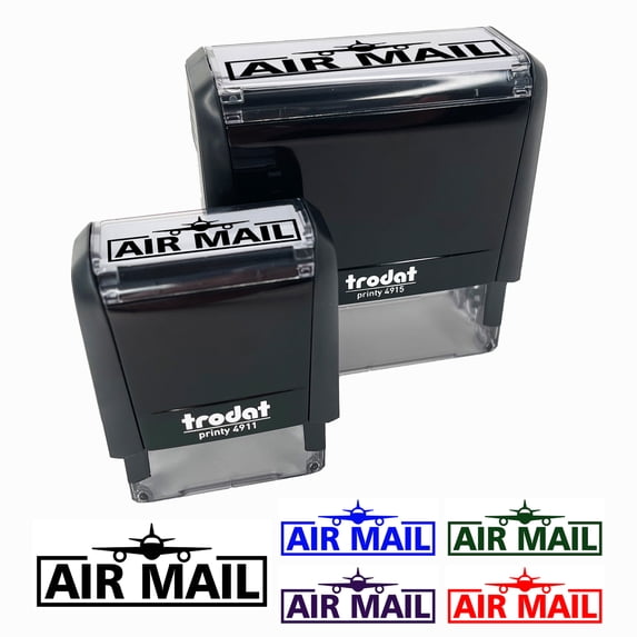 Air Mail with Airplane Self-Inking Rubber Stamp Ink Stamper for Business Office - Sky Blue Ink - Small 1-1/2 Inch