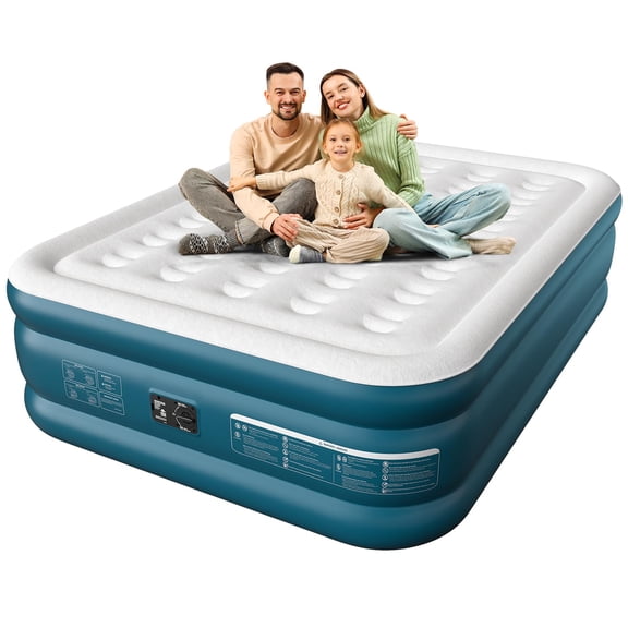 Air Mattress 18", Queen Air Mattress with Built in Pump, Inflatable Mattress with Soft Flocked Top and Portable Carry Bag Adjustable Blow Up Mattress for Guest, Indoor, Travel (Green)