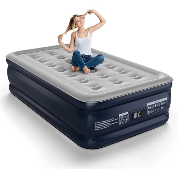 Air Mattress with Built-in Pump, 18" Inflatable Mattress with Flocking Fabric, Three-Minute Quick-Inflatable Bed. Portable Blow Up Mattress for , Outdoor and Guests