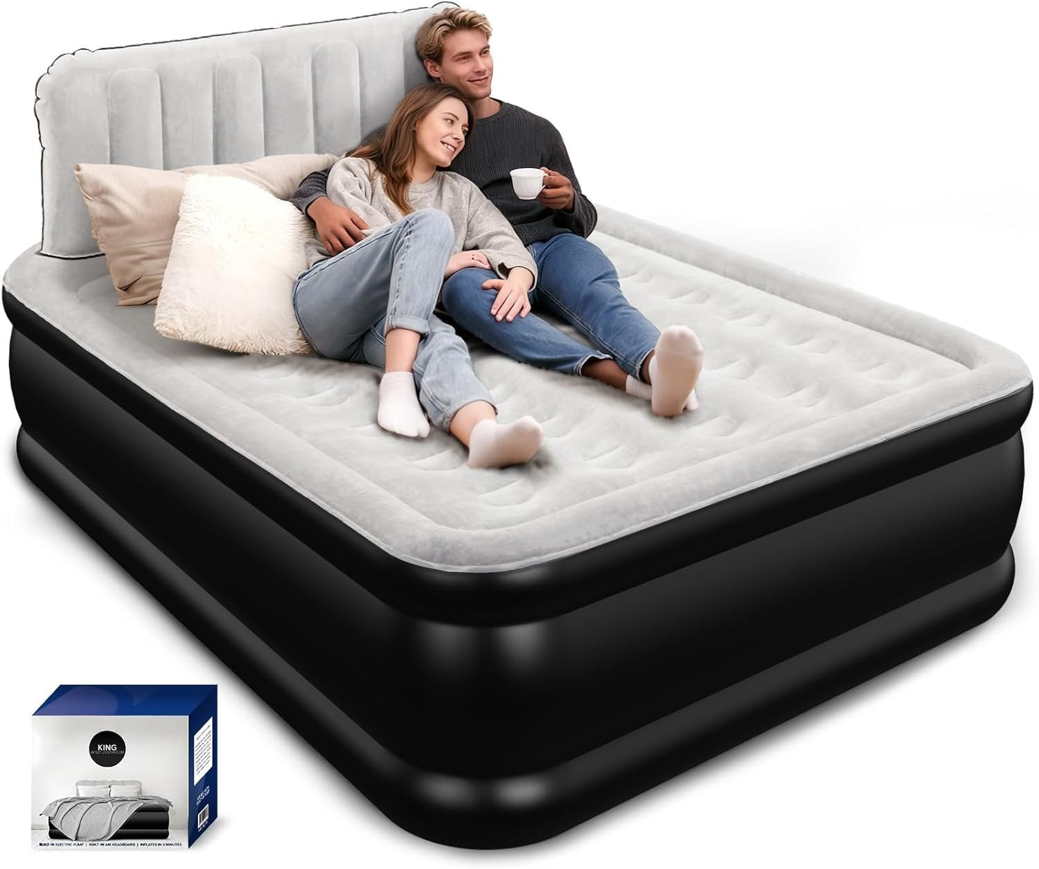 Air Mattress with Headboard, Built-in Pump, 800 lbs Heavy-Duty Support ...