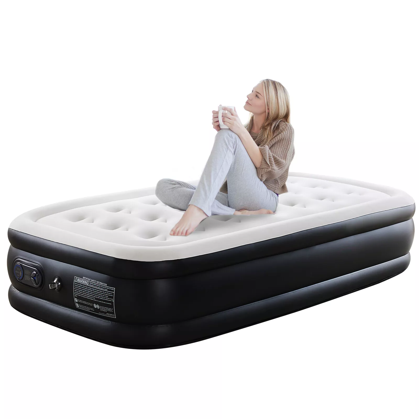 Air Mattress, Inflatable Blow Up Airbed High Capacity Pump Non-Slip Bottom, 16 Inch, Twin