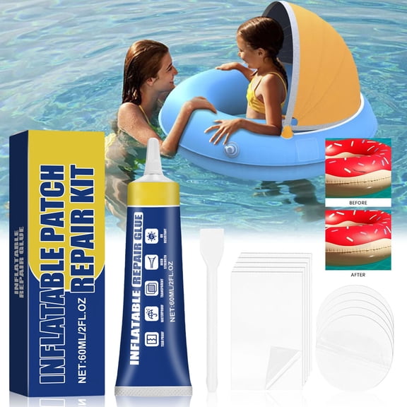 Air Mattress Patch Kit 60ml, Waterproof Pool Liner Repair Kit with PVC Glue & 10 Clear Patches for TPU EVA ABS Rubber Inflatables