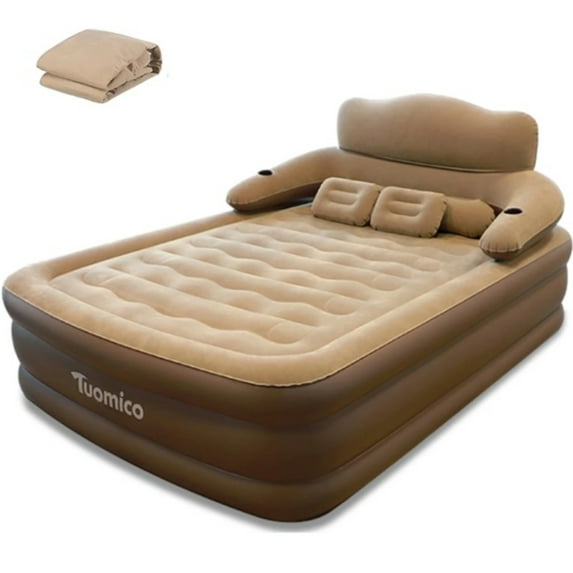 Air Mattress, Queen Airbed with Headboard, Airbed Inflatable Couch with Pump, For Guest Home Camping Travel, Coffee