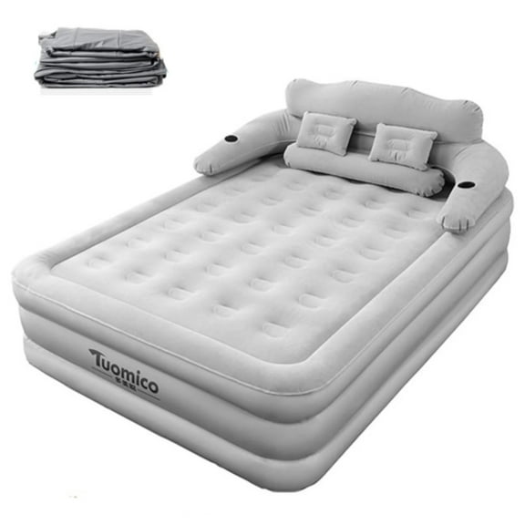 Air Mattress, Queen Airbed with Headboard, Airbed Inflatable Couch with Pump, For Guest Home Camping Travel, Grey
