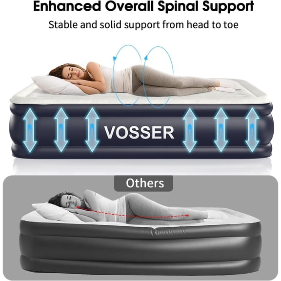 Air Mattress Queen with Built in Pump, 18'' Inflatable Mattress of Vertical Beams, Self Inflatable/Deflation Blow Up Mattress in 3 Mins, Flocked Top Airbed with Carry Bag for Home, Camping