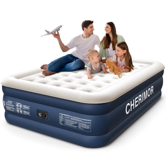 CHERIMOR 18" Queen Inflatable Air Mattress, Built-In Air Pump, Indoor/Outdoor Use, Includes Storage Bag & Repair Patch, 800 lb capacity, Blue