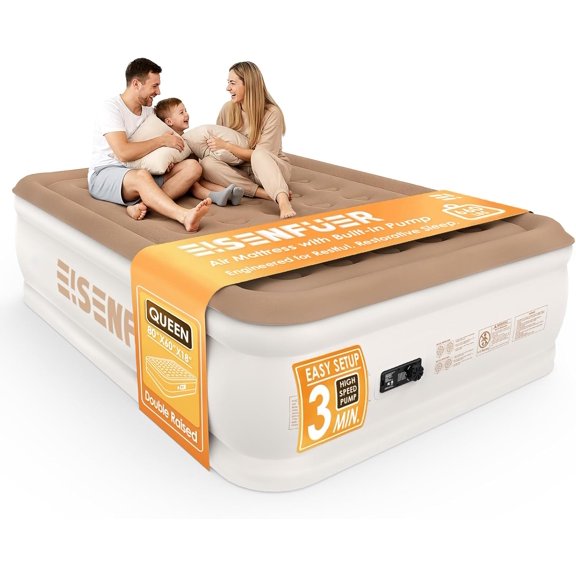 Air Mattress Queen with Built-in Pump 18" Raised Inflatable Bed with High Speed Built-in Pump, Stable and Durable, colchn inflable, Carry Bag, Cozy Guest Air Bed for Sleepovers, Glamping, Moving