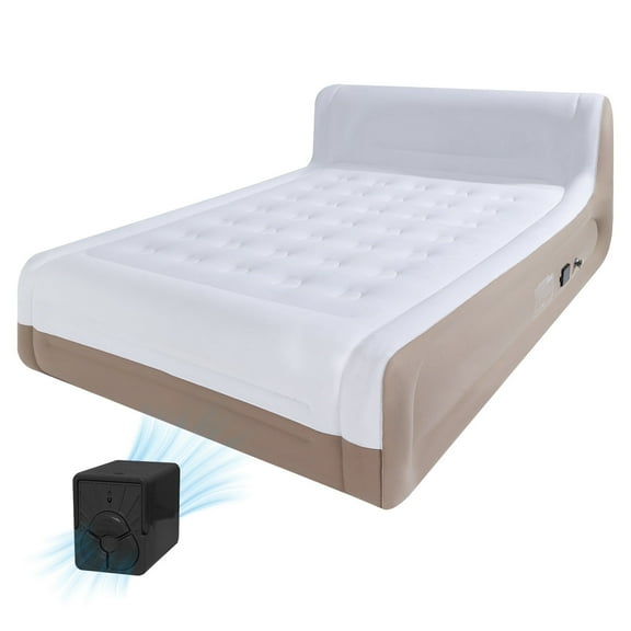 Luxury Queen Air Mattress with Headboard,18" Velvet Inflatable Mattress,Built-in USB-C Electric Pump,Premium Comfort for Home, Guests & Travel(Khaki)