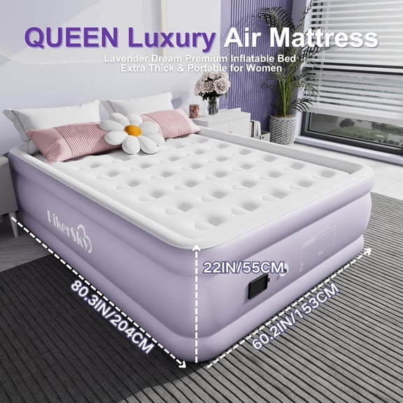 Air Mattress Queen with Built in Wireless Battery Pump,22'' Blow Up Inflatable Air Bed for Camping,Home,Thick Velvet Texture Waterproof,22''