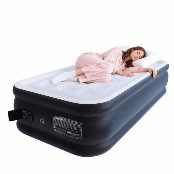 Twin Air Mattress with Built in Wireless Battery Pump,Thick Velvet Texture Waterproof,18”Self Inflatable Air Bed for Camping,Travel&Floor (Gray)