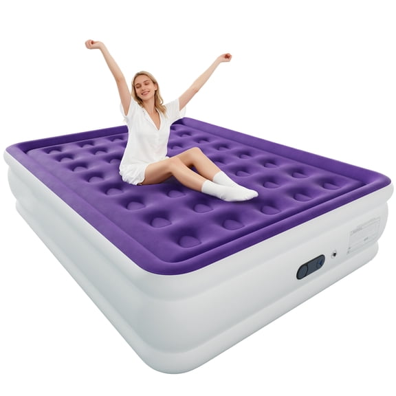 LussoAmor 18" Queen Air Mattress with Built-in Pump, 3-Mins Self-Inflation, Blow Up Bed for Camping, Home & Guest, 650lb, Purple