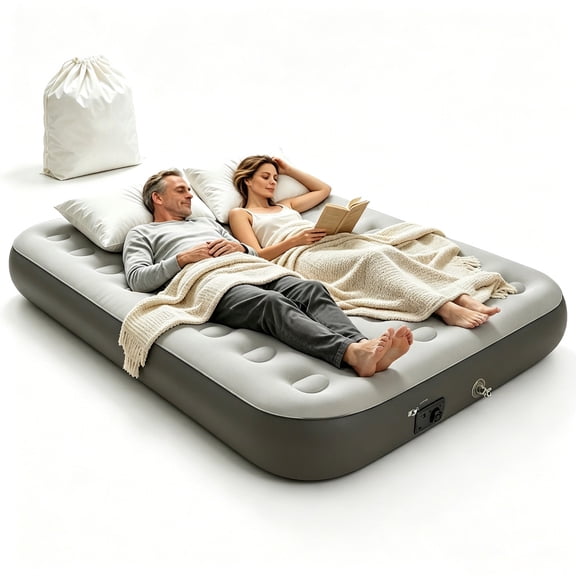 LussoAmor Queen Air Mattress with Built in Pump,10IN Air Bed with 3 Mins Self-Inflation/Deflation,Blow up Mattress for Camping, Home & Guest ,450lb,Gray