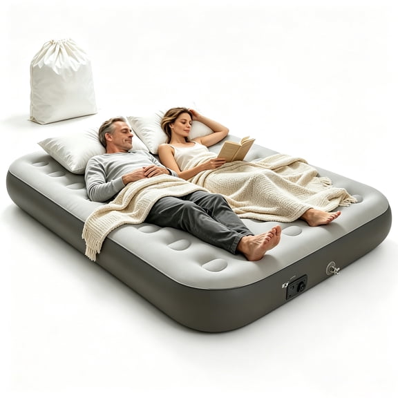LussoAmor Queen Air Mattress with Built in Pump,10IN Air Bed with 3 Mins Self-Inflation/Deflation,Blow up Mattress for Camping, Home & Guest ,450lb,Gray
