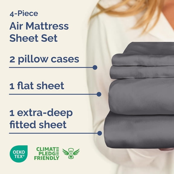 Air Mattress Sheet Set for Full Size - 4 Piece Breathable Cooling Sheets w/Extra Deep Pockets Fits Inflatable Blow Up Air Mattresses Up to 24 Inches Thick Soft Wrinkle Free Dark Grey