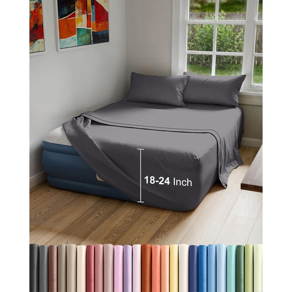 Air Mattress Sheet Set for Queen Size - 4 Piece Breathable & Cooling Sheets w/Extra Deep Pockets Fits Inflatable Blow Up Mattresses to 24 Inches Thick Soft and Wrinkle Free Dark Grey