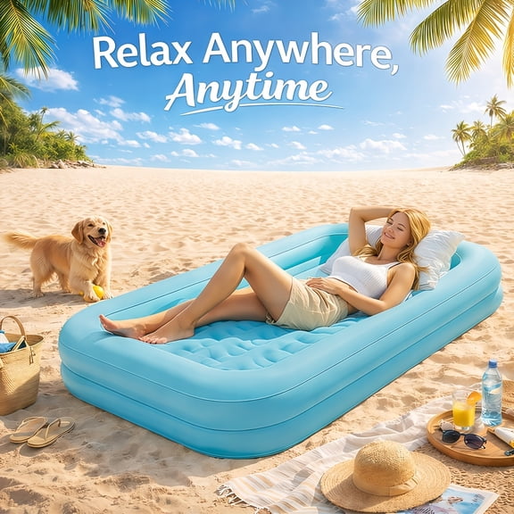 Air Mattress with Full Rounded Anti-collision, Portable Inflatable Bed for Indoor & Outdoor, Camping Tent, Garden, Holiday, Blue