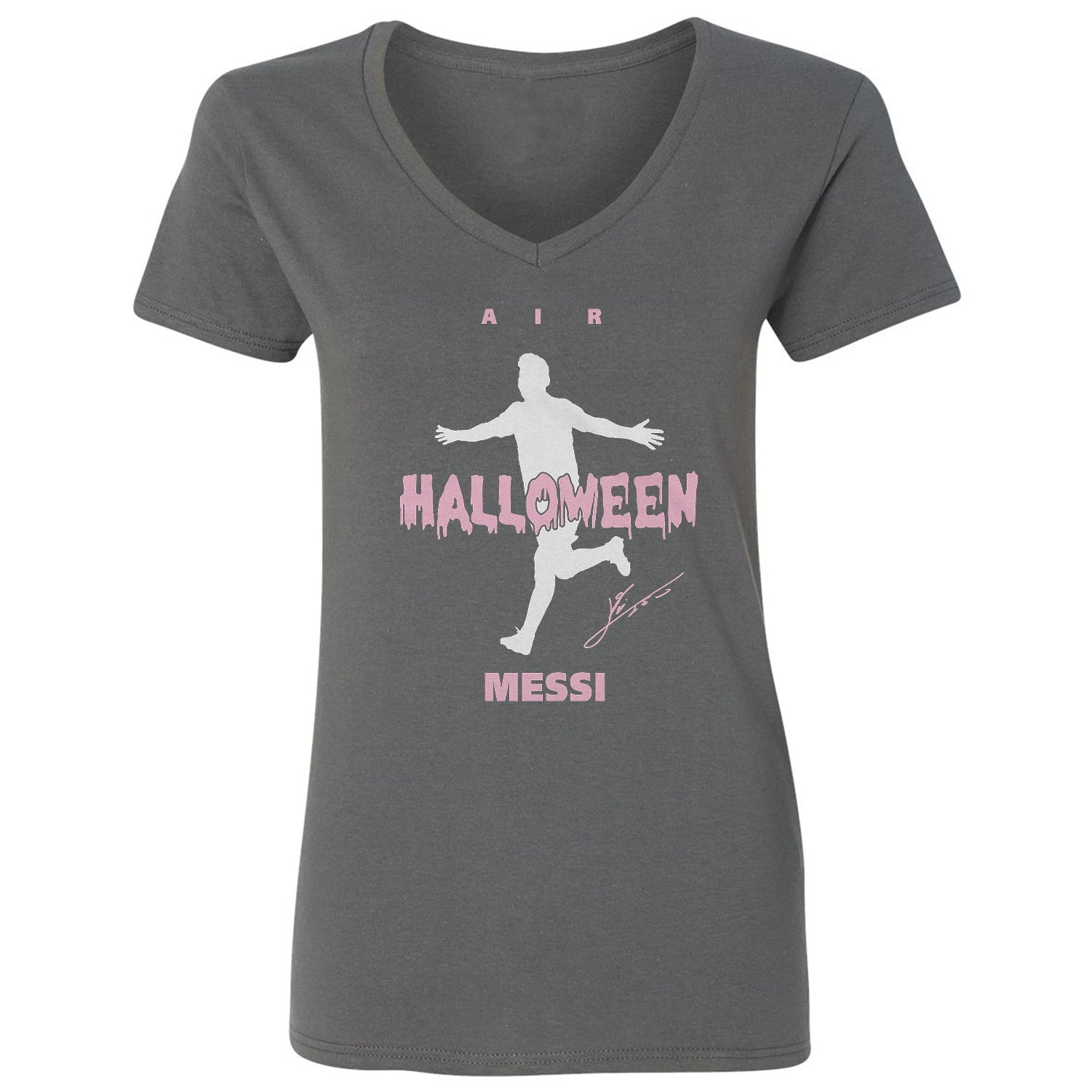 Air Messi Halloween Edition - Funny Miami Soccer Fans Ladies' V-Neck Tshirt (Gray, Medium