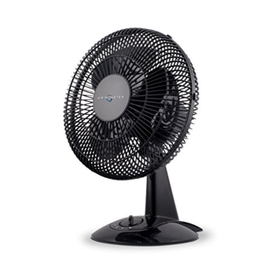 air monster 12" desk fan with 90 degree oscillation, plastic grill, 3 speed settings, adjustable tilt, etl listed, black color - model# 15055 pg - bk
