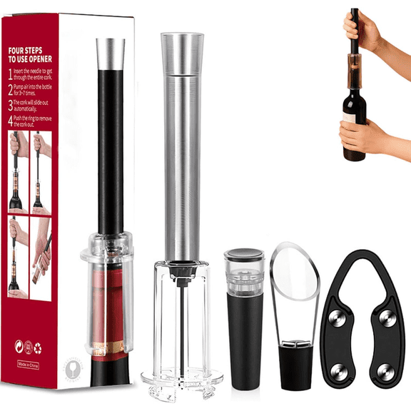 Air Pressure Pump Bottle Opener With Foil Cutter,Aerator Pourer,Vacuum Stopper(4PCS),Simple Cork Remover,Efficient Corkscrew Bottle Opener,Great For Wine Lovers,Perfect Wine Gift.