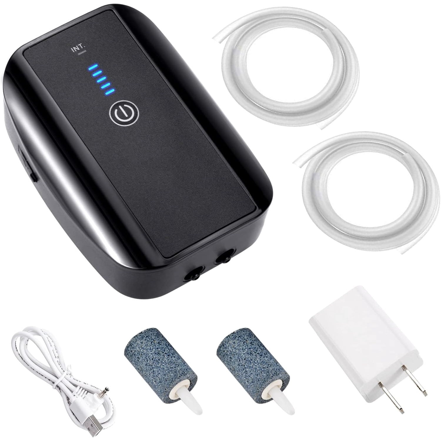 Air Pump Battery Rechargeable Fish Air Pumps Portable Bubbles Oxygen Pump Aquarium Aerator Fresh & Saltwater Aquariums Air Pumps with Air Stone, Tubes, USB Cable (5W for 1-160Gal Tank)