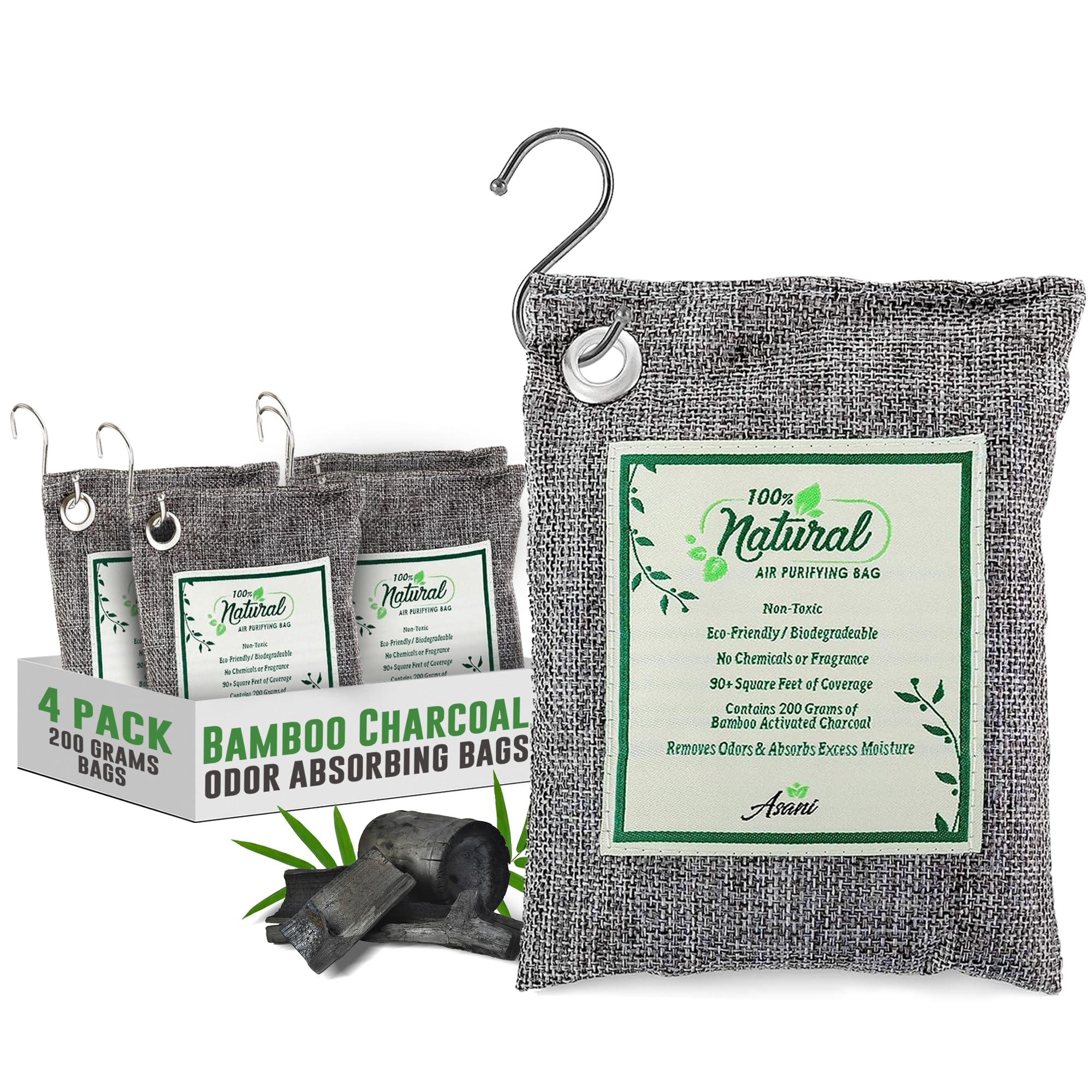 Air Purifier Bags with Bamboo Activated Charcoal (Purifying Pack of 4