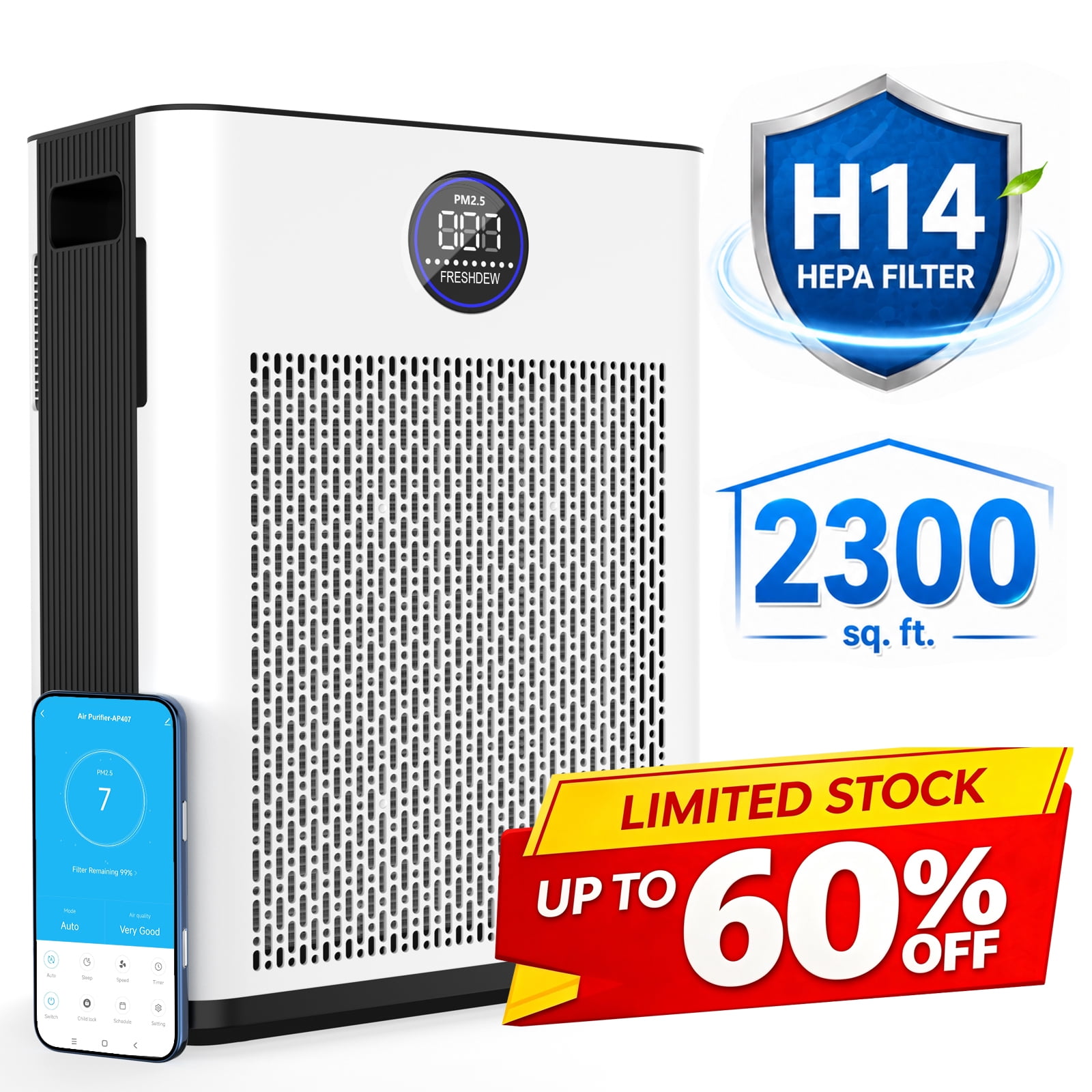 Air Purifier, FRESHDEW Air Purifiers for Home with H14 HEPA and Activated Carbon Filter, Removes 99.99% of Dust,Odors,Smoke,and Pet Hair Covers up to 2300 Sq.Ft, Quiet and Energy Efficient