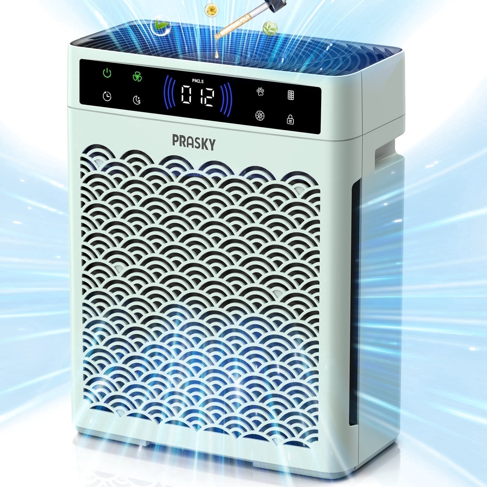 PRASKY Air Purifier for Home up to 2250 Sq Ft Coverage, True HEPA Filter for Pets, Smoke & Allergies | Quiet & Portable for Bedroom/Living Room (Green)